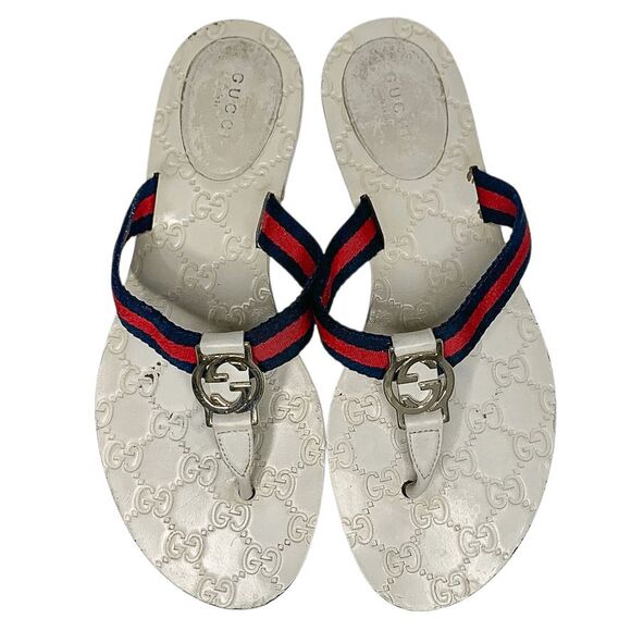 Gucci GG Web Stripe Thong Sandals EU 38.5 US 8.5 White Flip Flop Slide Flat Heel - Picture 1 of 12